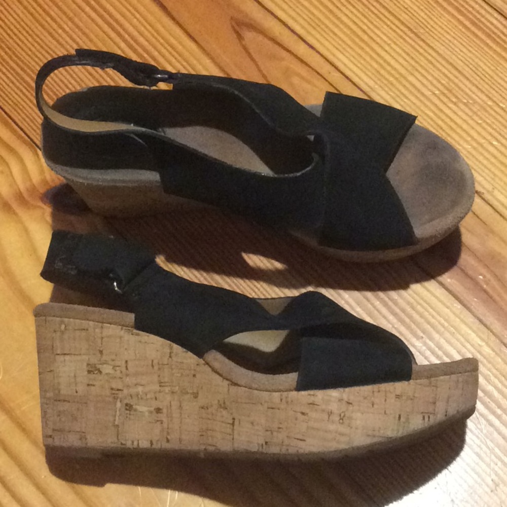 Comfy Platform Black Suede Cork Wedge Sandals